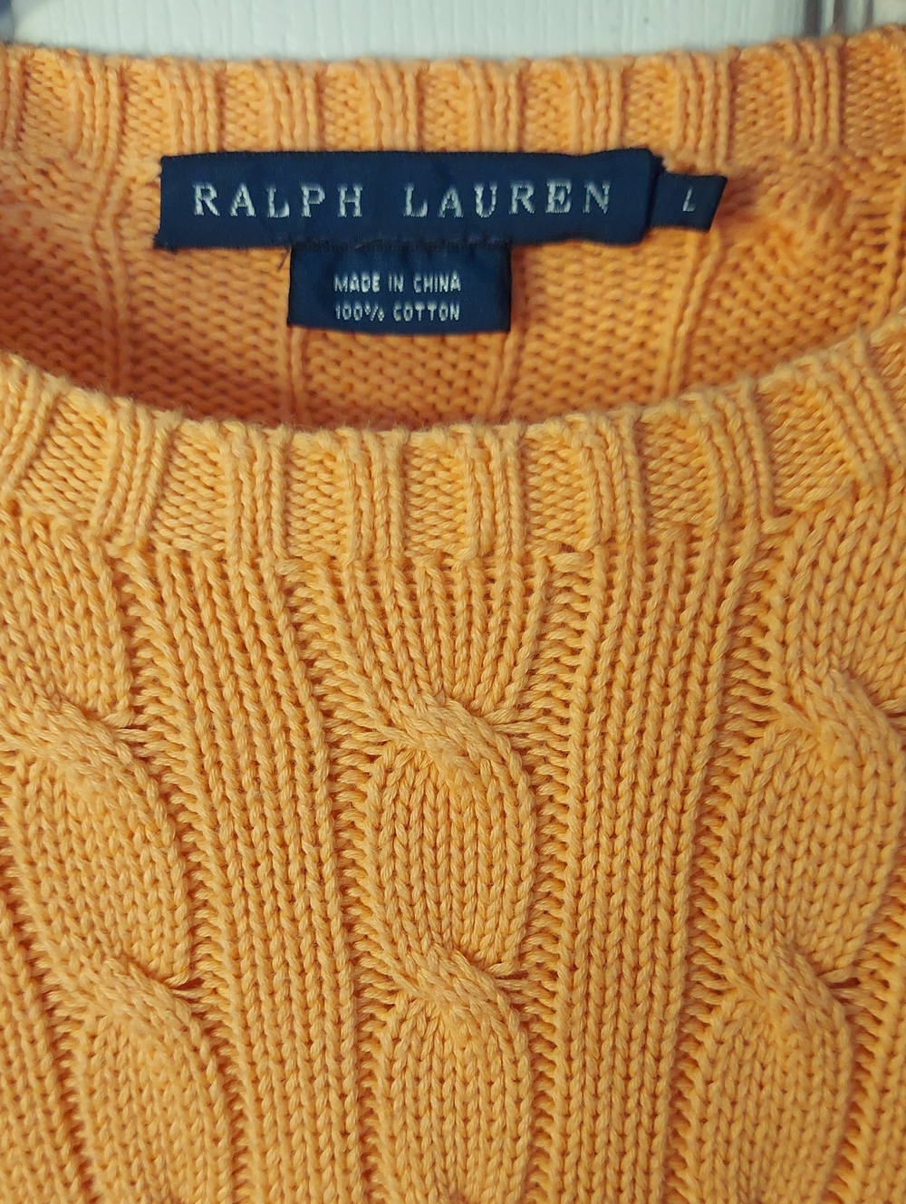 Ralph Lauren Orange Cable-Knit Crew Sweater with Navy Pony Sz. L - Picture 2 of 9